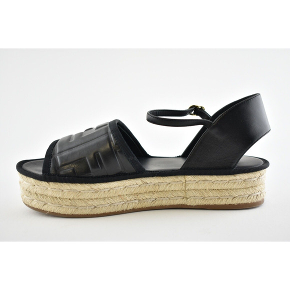 Fendi Black Leather Logo Slide Flat Ankle Strap Platform Espadrille Sandal 36.5 - Picture 8 of 11